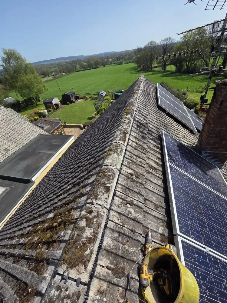 Tiled roof with solar panels alongside the flat roof of a single-storey extension